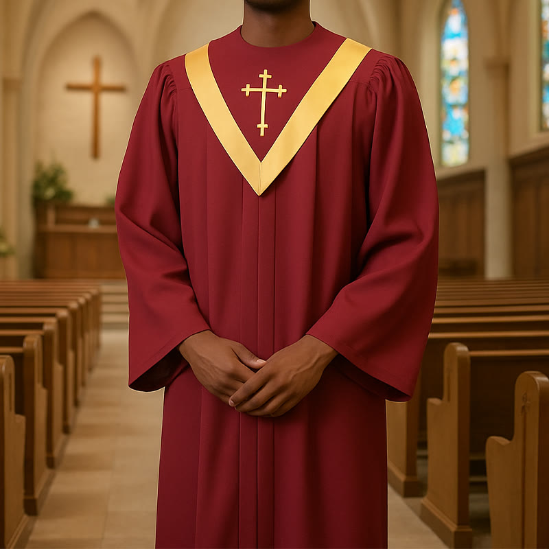 Christianartworkshop Traditionelle burgunderrote Priesterrobe mit goldenem Kreuz und V-Ausschnittbesatz - Rot - 3XL - image 1
