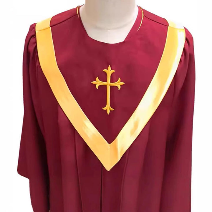 Christianartworkshop Traditionelle burgunderrote Priesterrobe mit goldenem Kreuz und V-Ausschnittbesatz - image 4
