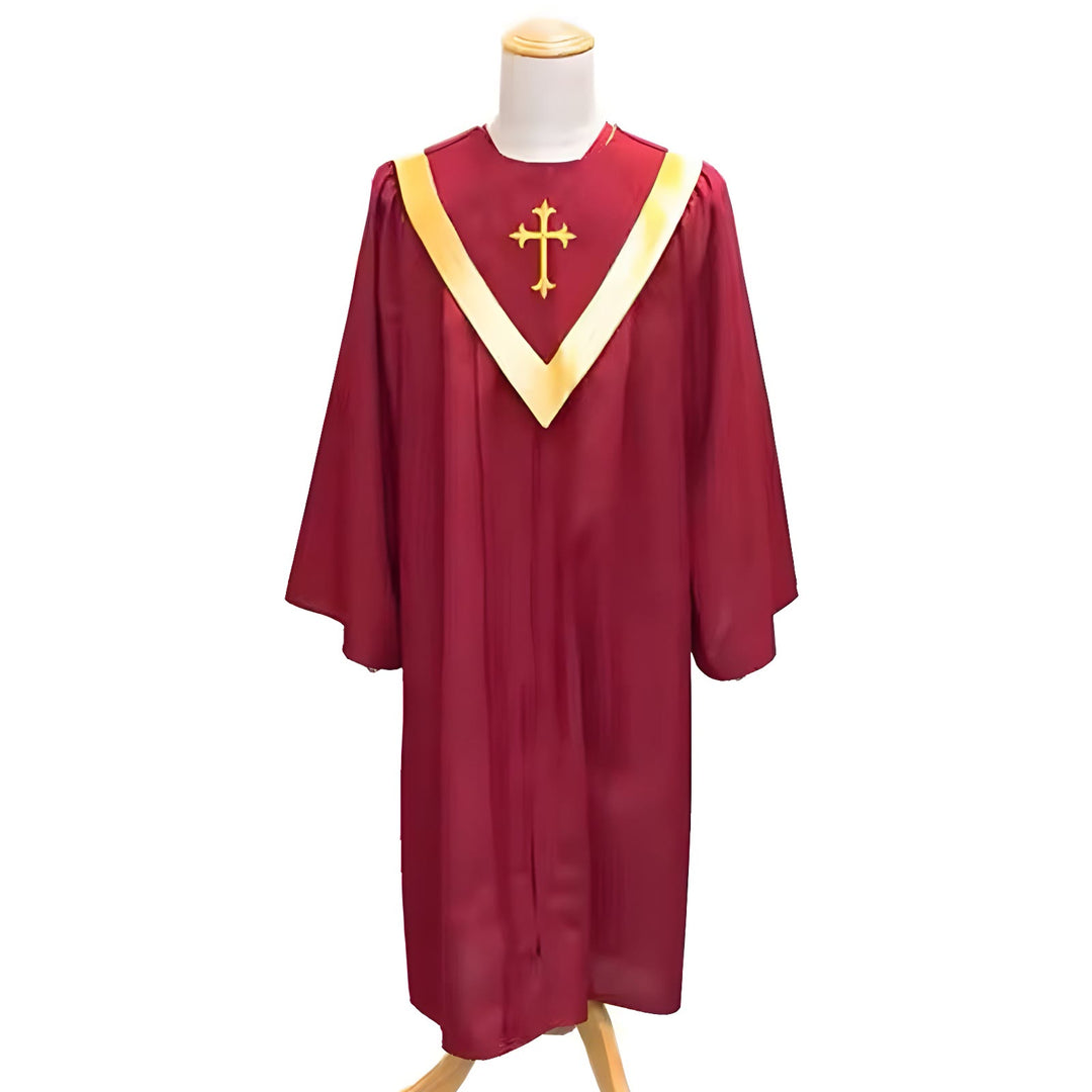 Christianartworkshop Traditionelle burgunderrote Priesterrobe mit goldenem Kreuz und V-Ausschnittbesatz - image 3