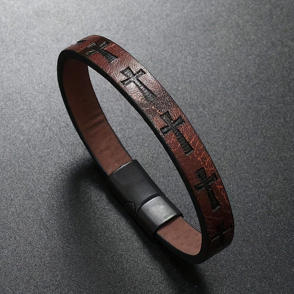 Christianartworkshop Armband aus mehrfarbigem Leder im klassischen Stil mit Magnetschnalle und Kreuzmotiven - Kaffee - image 1