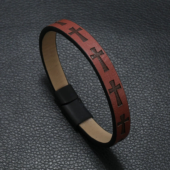 Christianartworkshop Armband aus mehrfarbigem Leder im klassischen Stil mit Magnetschnalle und Kreuzmotiven - Wein - image 4