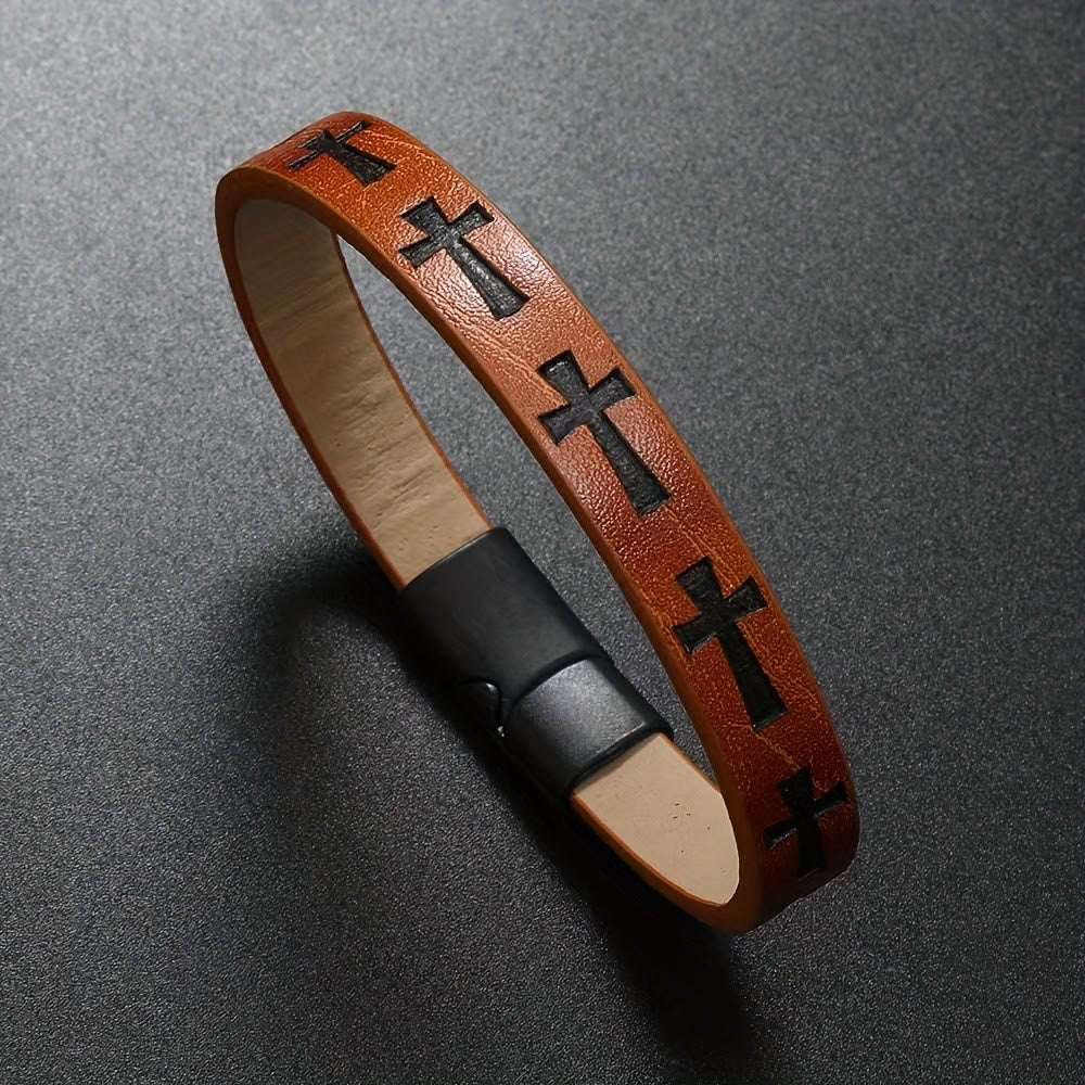 Christianartworkshop Armband aus mehrfarbigem Leder im klassischen Stil mit Magnetschnalle und Kreuzmotiven - Braun - image 5