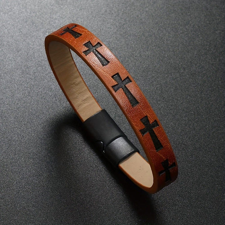 Christianartworkshop Armband aus mehrfarbigem Leder im klassischen Stil mit Magnetschnalle und Kreuzmotiven - Braun - image 5