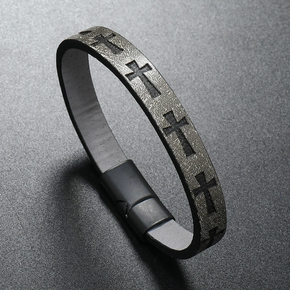 Christianartworkshop Armband aus mehrfarbigem Leder im klassischen Stil mit Magnetschnalle und Kreuzmotiven - Grau - image 7