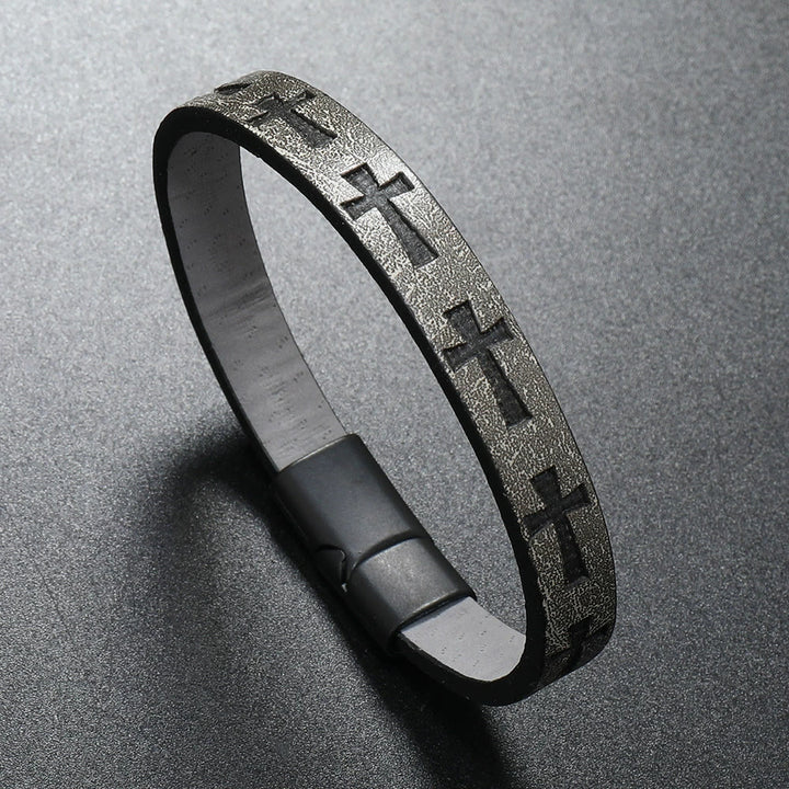 Christianartworkshop Armband aus mehrfarbigem Leder im klassischen Stil mit Magnetschnalle und Kreuzmotiven - Grau - image 7