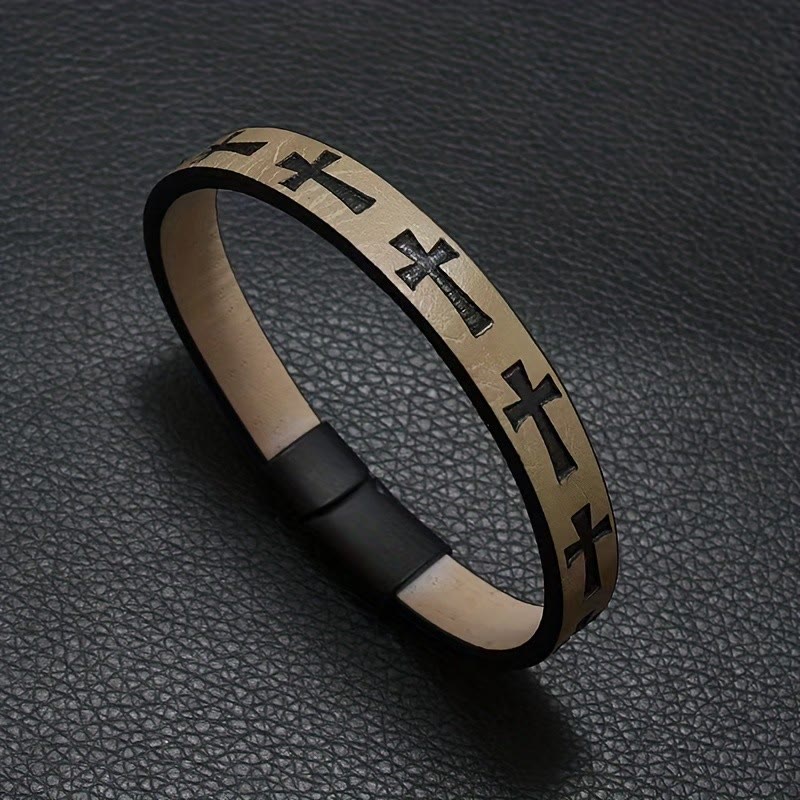 Christianartworkshop Armband aus mehrfarbigem Leder im klassischen Stil mit Magnetschnalle und Kreuzmotiven - Kamel - image 8