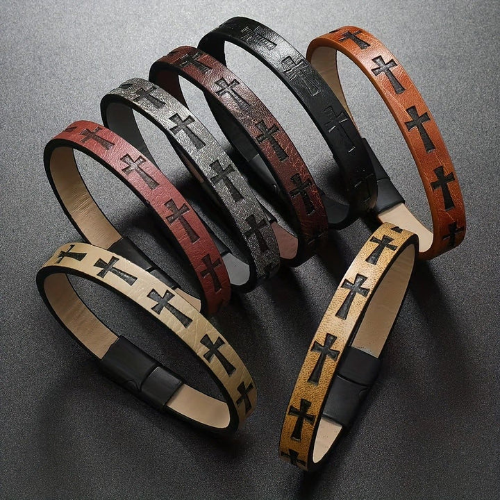 Christianartworkshop Klassisches, mehrfarbiges Lederarmband mit Magnetverschluss und Kreuzmotiven - image 1