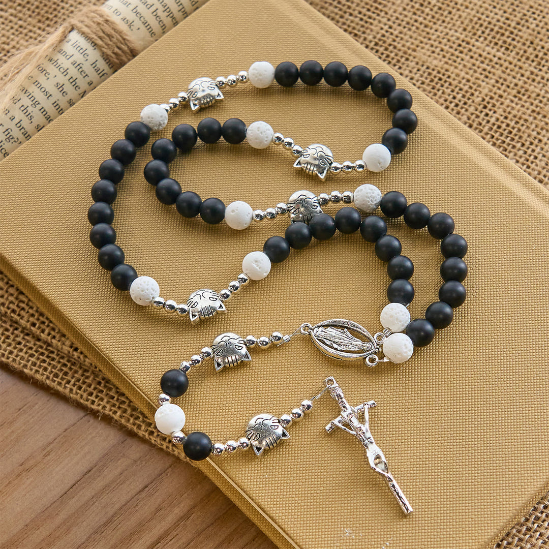 Christianartworkshop Mattschwarzer und weißer Lavastein mit Katzen- und Kuh-Chrams-Armband und Tier-Rosenkranz - image 3