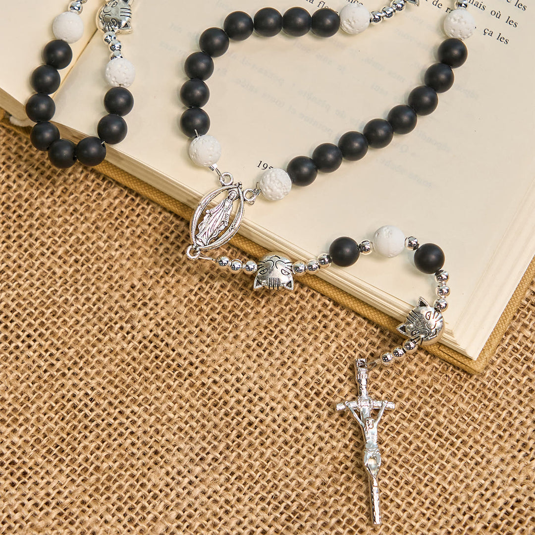 Christianartworkshop Mattschwarzer und weißer Lavastein mit Katzen- und Kuh-Chrams-Armband und Tier-Rosenkranz - image 6