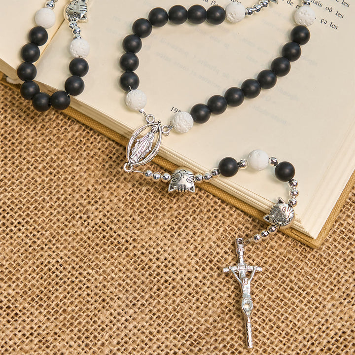 Christianartworkshop Mattschwarzer und weißer Lavastein mit Katzen- und Kuh-Chrams-Armband und Tier-Rosenkranz - image 6
