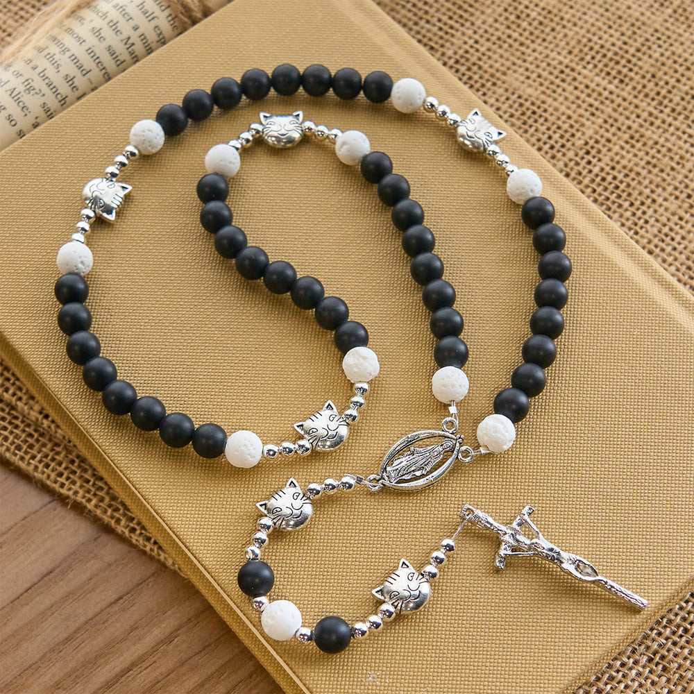 Christianartworkshop Mattschwarzer und weißer Lavastein mit Katzen- und Kuh-Chrams-Armband und Tier-Rosenkranz - image 2