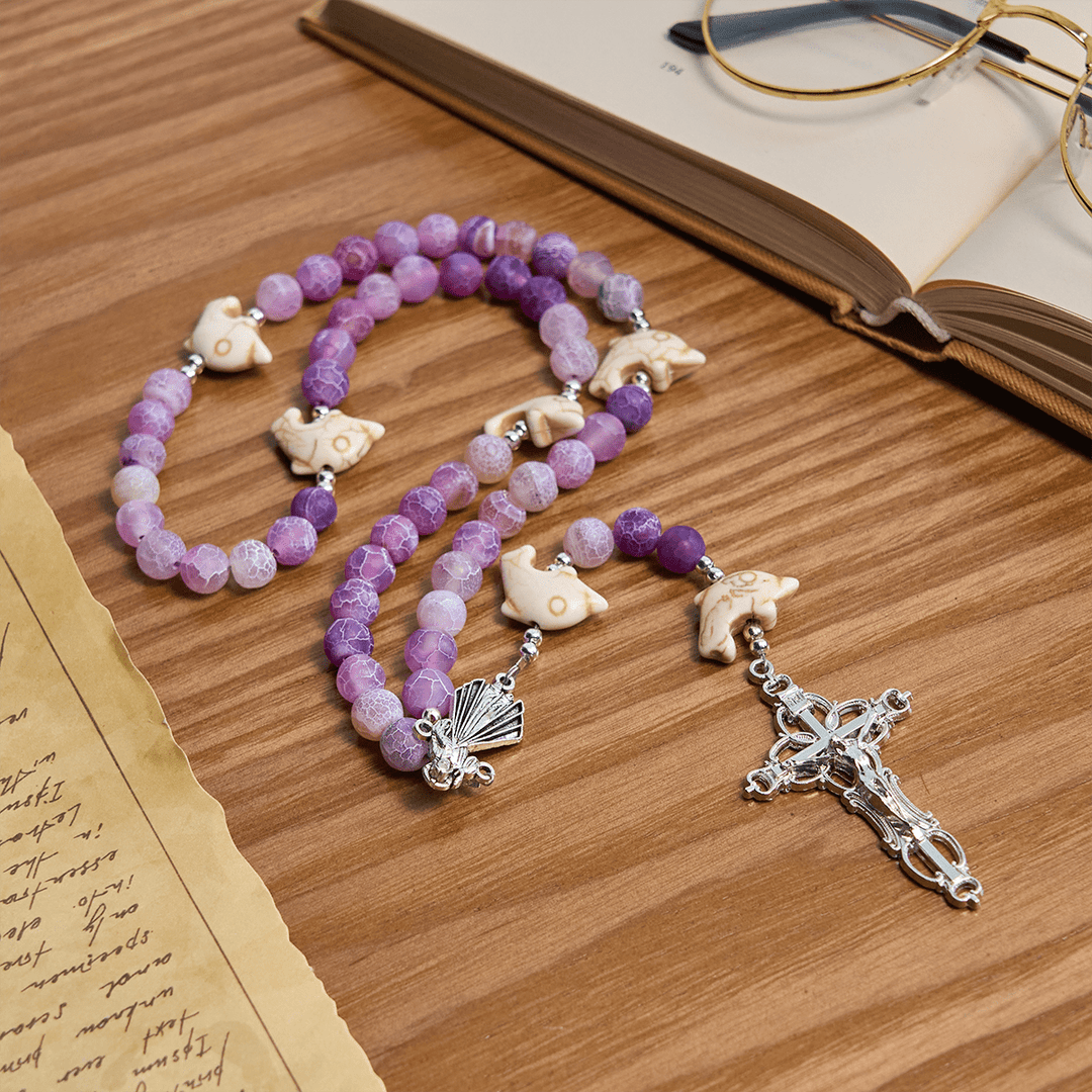 Christianartworkshop Ocean of Faith Lila verwitterter Achat und Delfin-Anhänger Tier-Rosenkranz - image 5