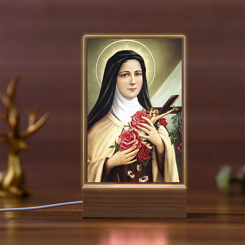 Christianartworkshop Religiöses Nachtlicht mit Heiligensymbolen und Buchensockel, für den täglichen Glauben - B - image 2