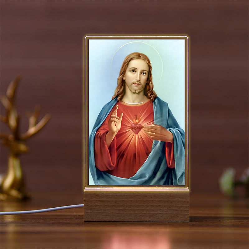 Christianartworkshop Religiöses Nachtlicht mit Heiligensymbolen und Buchensockel, für den täglichen Glauben - A - image 0