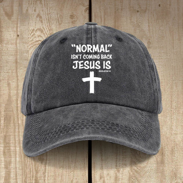 Christianartworkshop „Jesus Is Coming Back“ Unisex-Mütze aus gewaschener Baumwolle im Used-Look - Schwarz - image 0