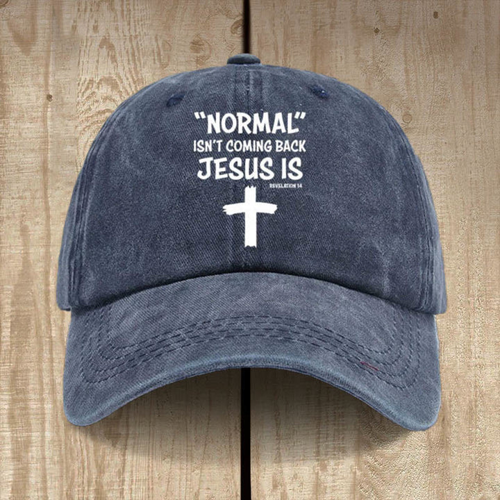 Christianartworkshop „Jesus Is Coming Back“ Unisex-Mütze aus gewaschener Baumwolle im Used-Look - Marineblau - image 4