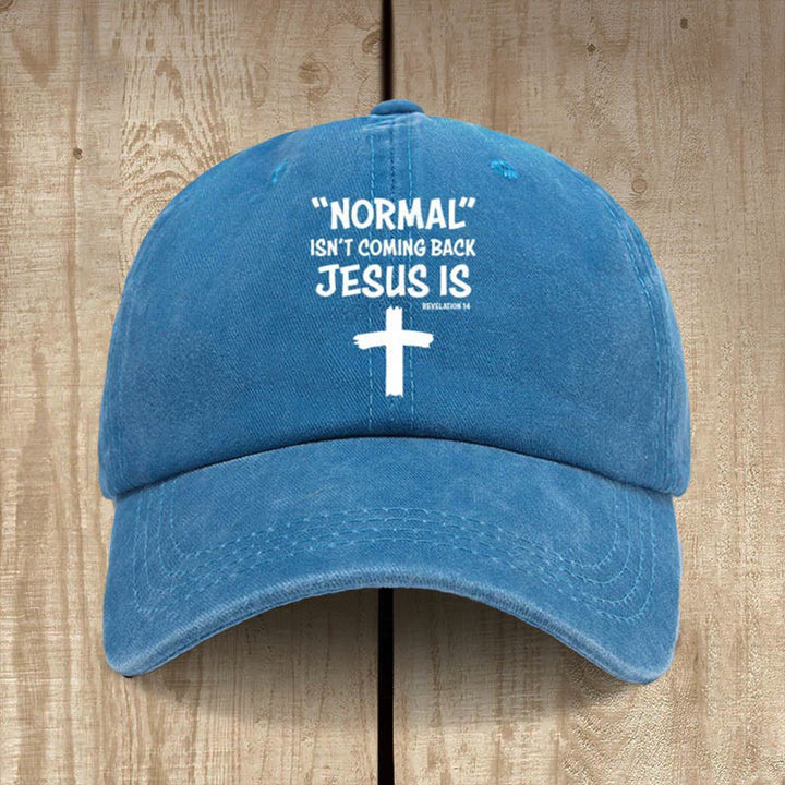 Christianartworkshop „Jesus Is Coming Back“ Unisex-Mütze aus gewaschener Baumwolle im Used-Look - Königsblau - image 13