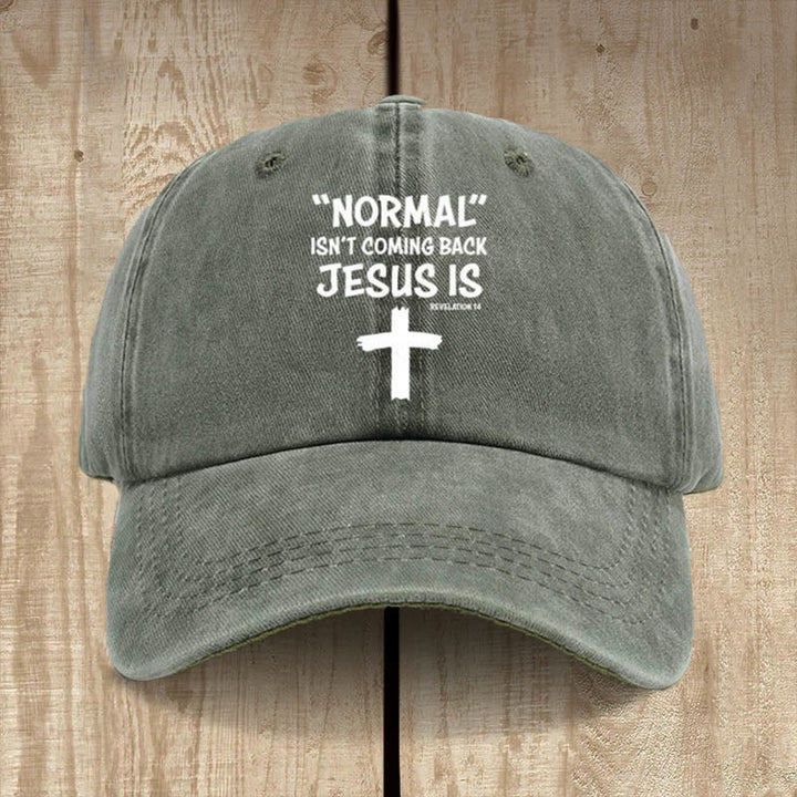 Christianartworkshop „Jesus Is Coming Back“ Unisex-Mütze aus gewaschener Baumwolle im Used-Look - Graugrün - image 6