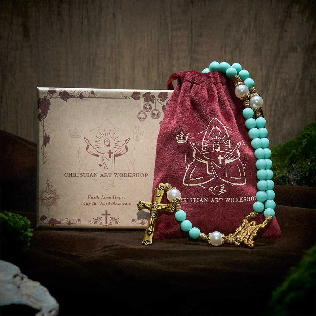 Christianartworkshop Handgefertigte mintgrüne Perlen und Perlen mit Wundertätiger Medaille und Kruzifix-Rosenkranz - image 3