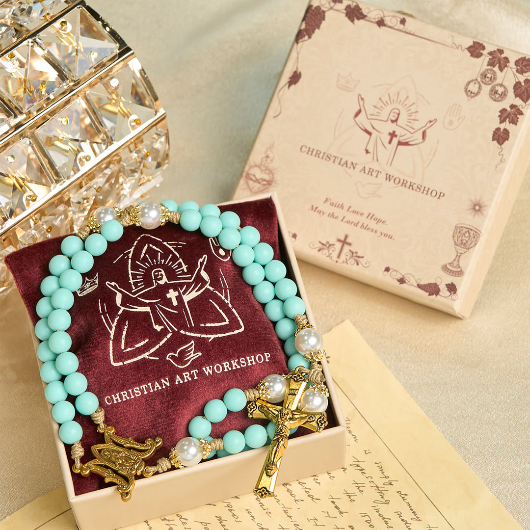 Christianartworkshop Handgefertigte mintgrüne Perlen und Perlen mit Wundertätiger Medaille und Kruzifix - image 3