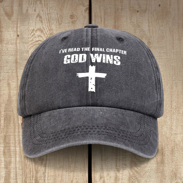 Christianartworkshop God Wins Unisex-Mütze aus gewaschener Baumwolle im Used-Look - Dunkelgrau - image 0