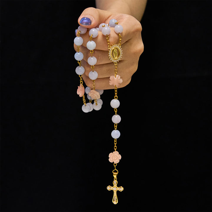 Christianartworkshop Rosenkranz mit Unsere Liebe Frau von Guadalupe und Kruzifix aus 8 mm handgefertigten blauen Aquamarin-Chalcedon-Perlen - image 3