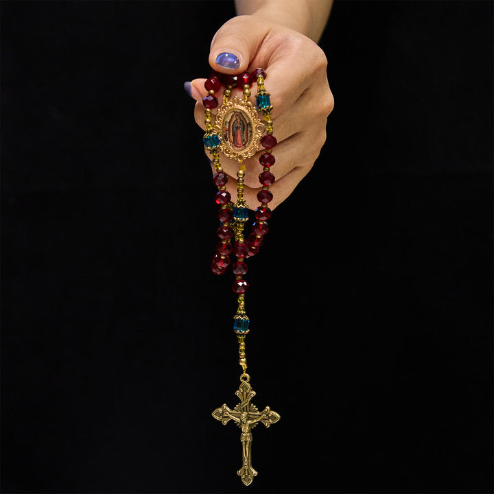 Christianartworkshop Handgefertigter Rosenkranz mit Kruzifix Unserer Lieben Frau von Guadalupe aus rotem Kristall, böhmisches tschechisches Glas - image 3