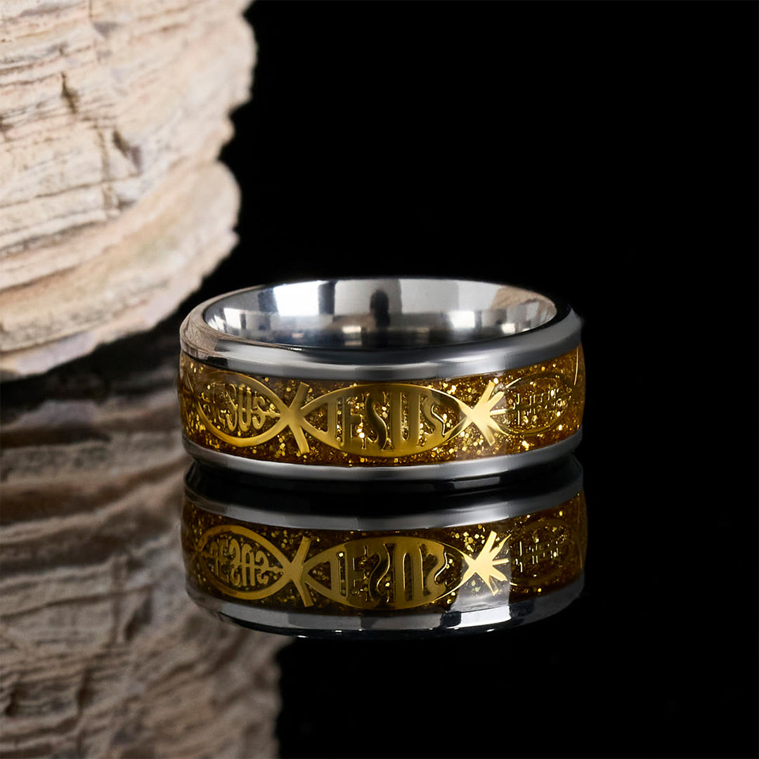 Rustikaler Edelstahlring von Christianartworkshop: „Jesus“ im Fisch - Golden - US 13 - image 3