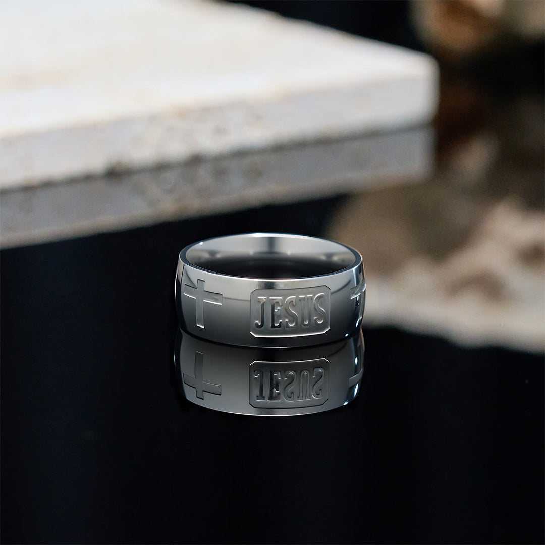 Christianartworkshop Zweifarbiger goldener Ring mit Jesus- und Kreuzsymbol, gesegnet - Silber - US 10 - image 6
