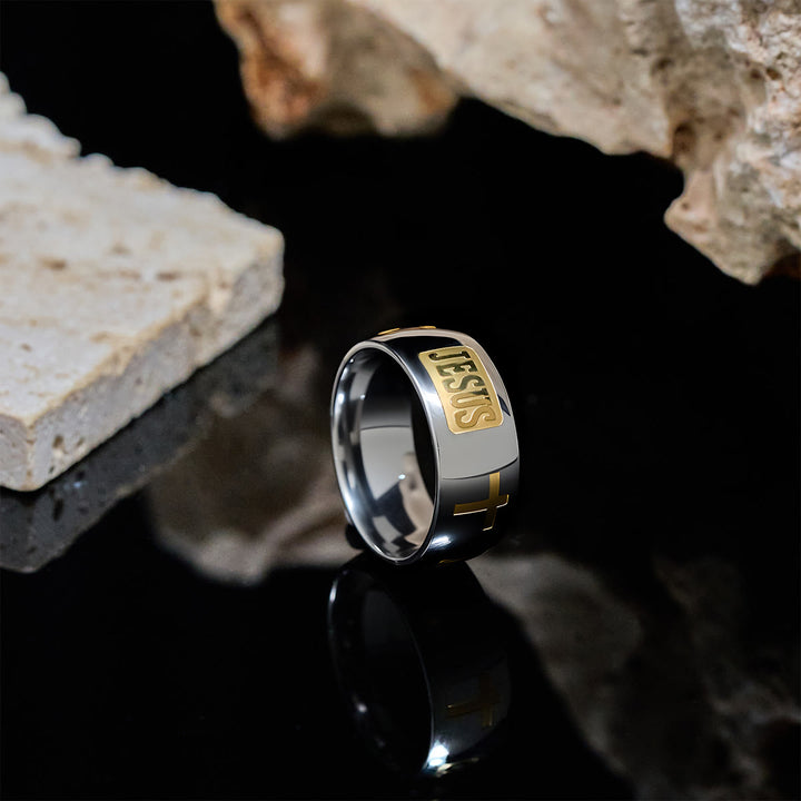 Christianartworkshop Zweifarbiger goldener Ring mit Jesus- und Kreuzsymbol, gesegnet - image 3