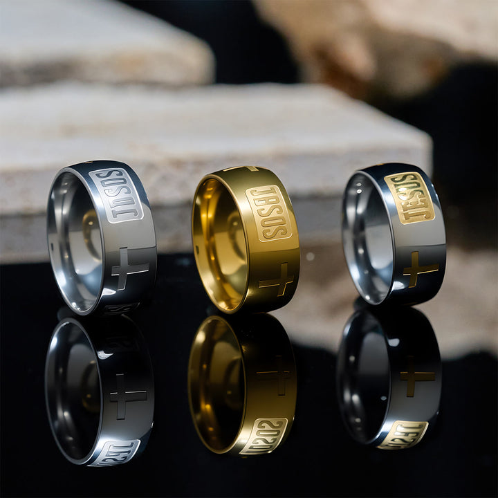 Christianartworkshop Zweifarbiger goldener Ring mit Jesus- und Kreuzsymbol, gesegnet - Silber-Gold - US 7 - image 0