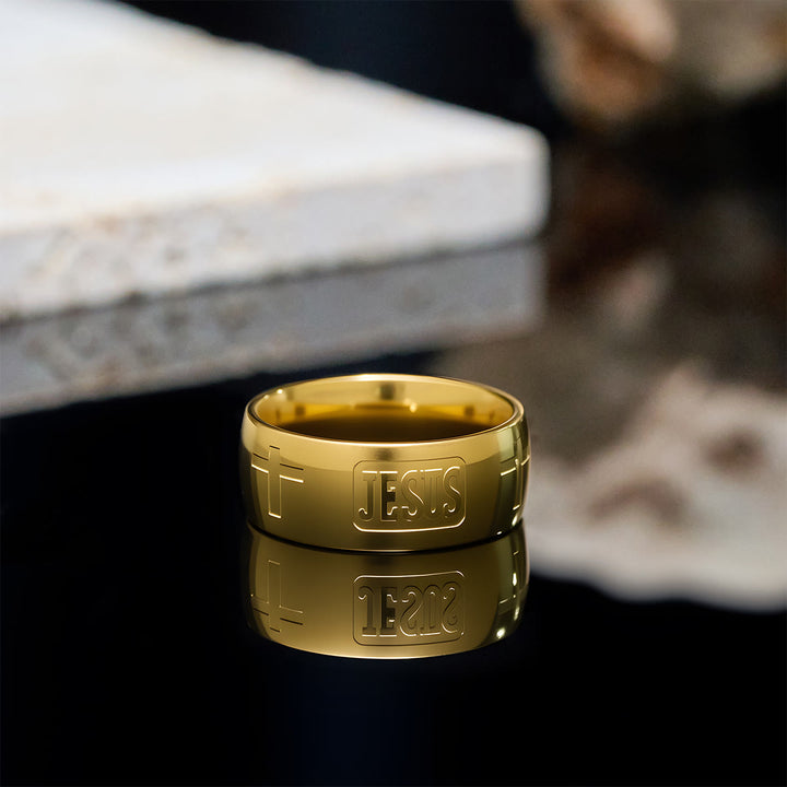 Christianartworkshop Zweifarbiger goldener Ring mit Jesus- und Kreuzsymbol, gesegnet - Golden - US 10 - image 4