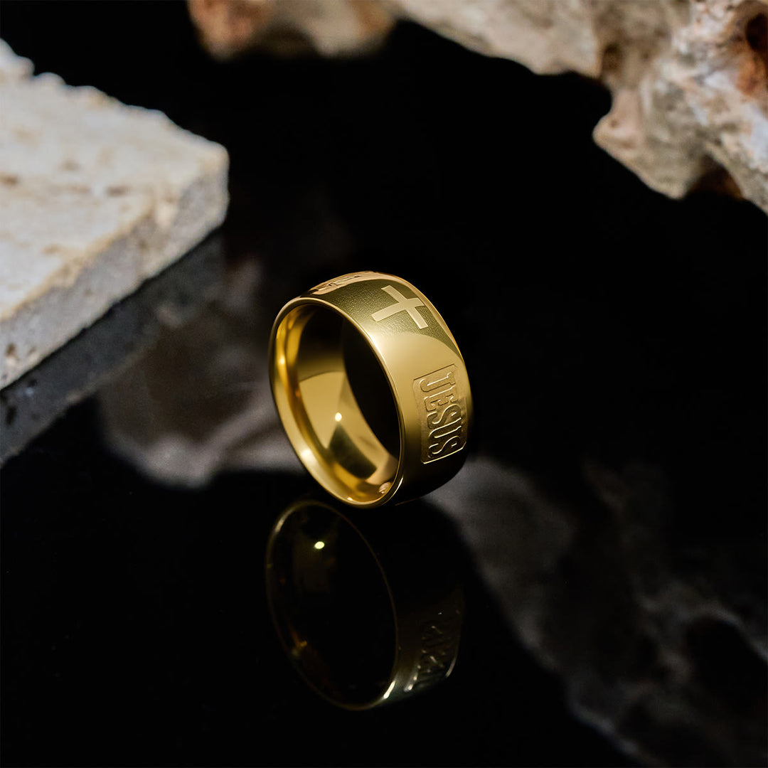 Christianartworkshop Zweifarbiger goldener Ring mit Jesus- und Kreuzsymbol, gesegnet - image 5