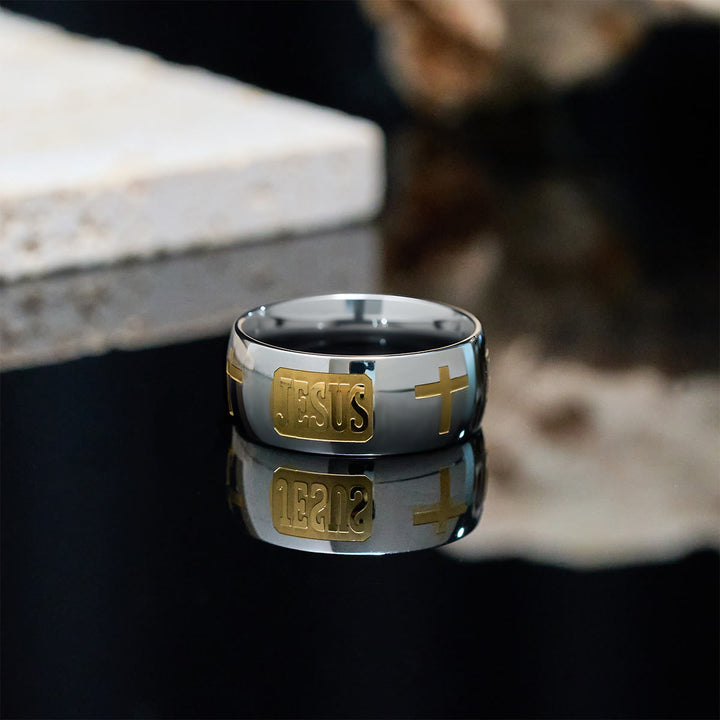Christianartworkshop Zweifarbiger goldener Ring mit Jesus- und Kreuzsymbol, gesegnet - image 7