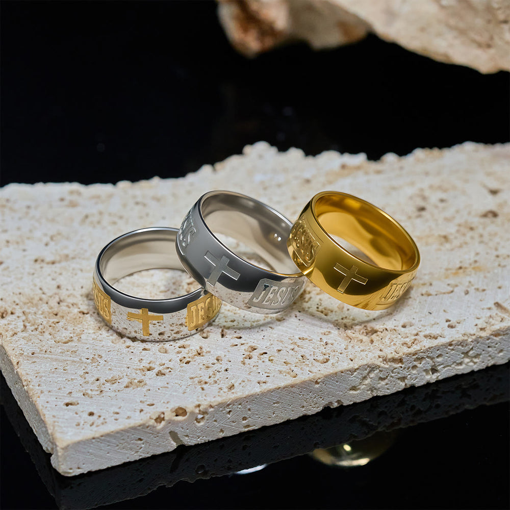 Christianartworkshop Zweifarbiger goldener Ring mit Jesus- und Kreuzsymbol, gesegnet - image 1