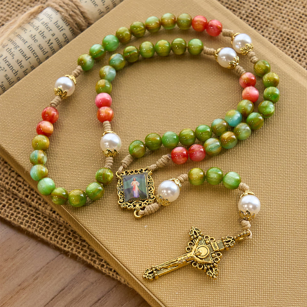 Christianartworkshop Handgefertigter Rosenkranz „Christmas Blessings“ der Göttlichen Barmherzigkeit mit rot-grünen Perlen und bronzenem Kruzifix - image 5