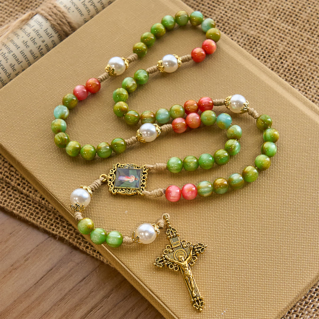 Christianartworkshop Handgefertigter Rosenkranz „Christmas Blessings“ der Göttlichen Barmherzigkeit mit rot-grünen Perlen und bronzenem Kruzifix - image 4