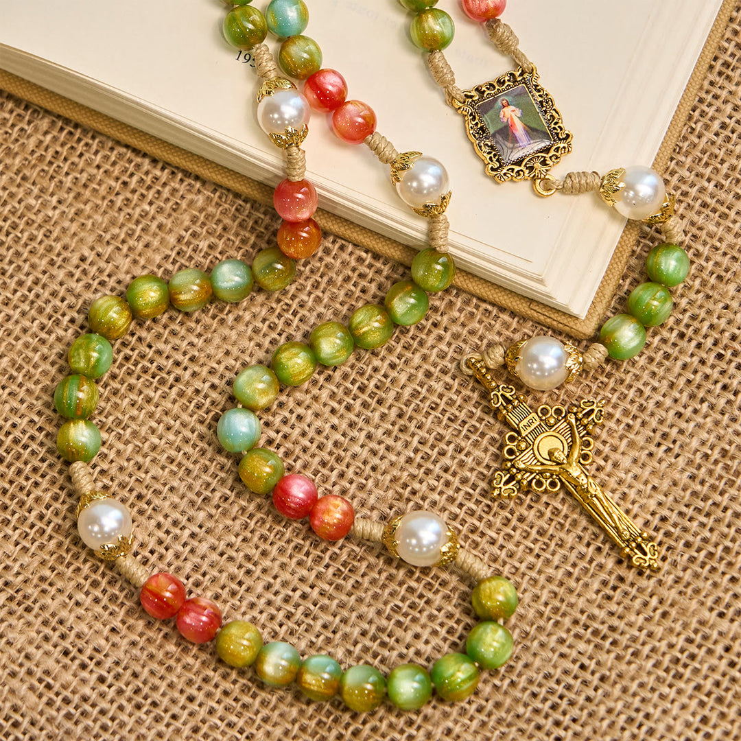 Christianartworkshop Handgefertigter Rosenkranz „Christmas Blessings“ der Göttlichen Barmherzigkeit mit rot-grünen Perlen und bronzenem Kruzifix - image 5