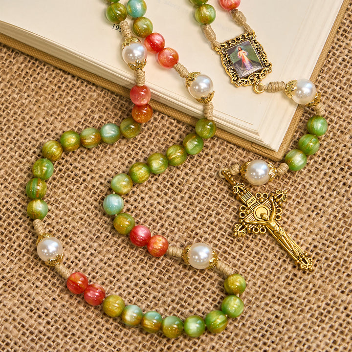 Christianartworkshop Handgefertigter Rosenkranz „Christmas Blessings“ der Göttlichen Barmherzigkeit mit rot-grünen Perlen und bronzenem Kruzifix - image 5