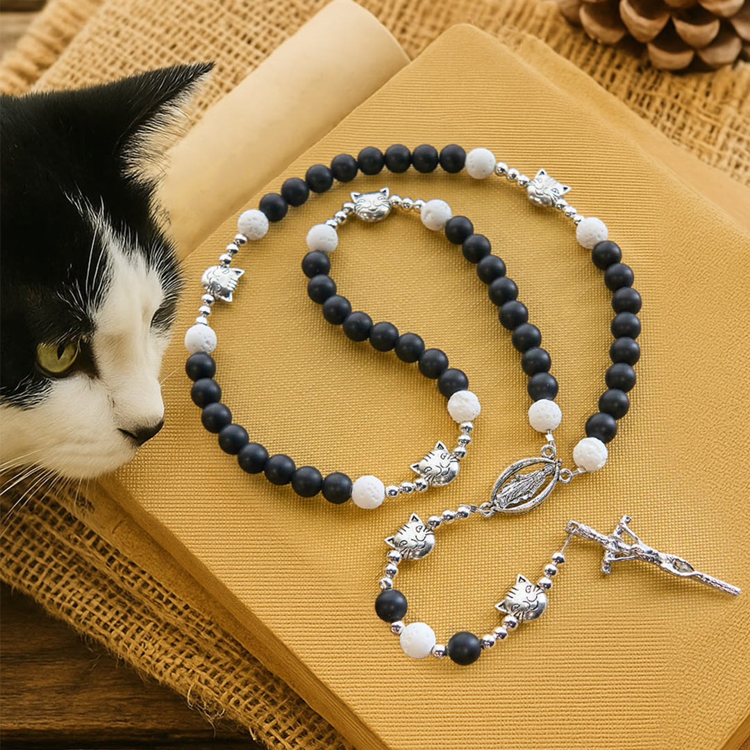 Christianartworkshop Mattschwarzer und weißer Lavastein mit Katzen- und Kuh-Chrams-Armband und Tier-Rosenkranz - Rosenkranz - image 1