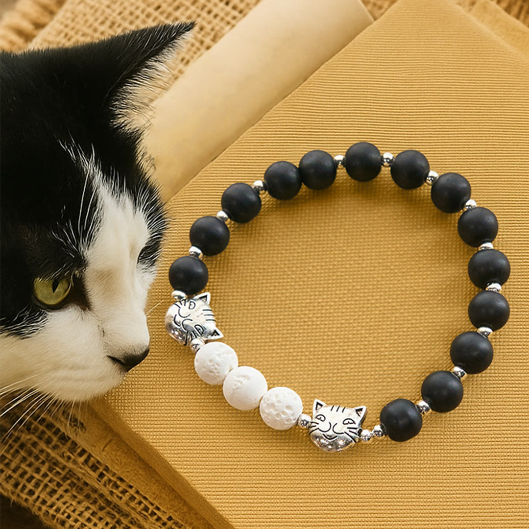 Christianartworkshop Mattschwarzer und weißer Lavastein mit Katzen- und Kuh-Chrams-Armband und Tier-Rosenkranz - Armband - image 10