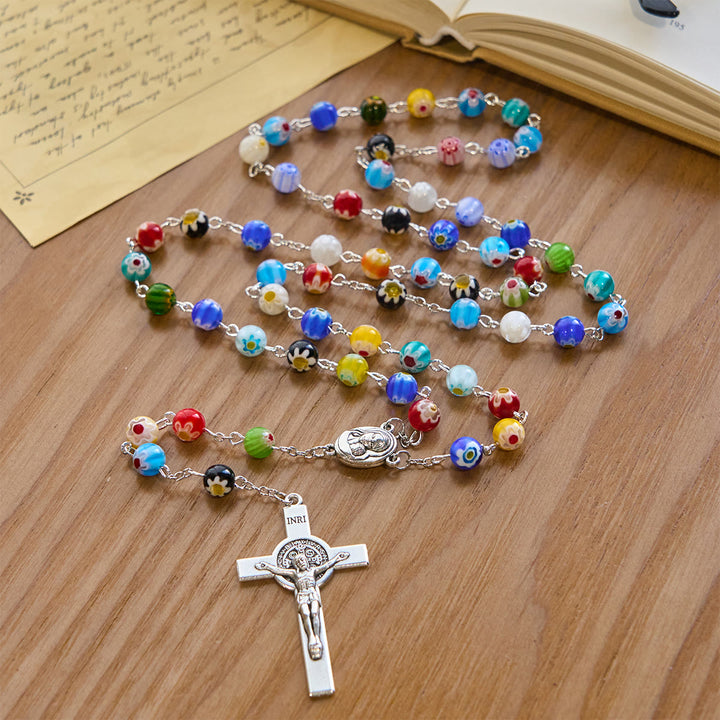 Christianartworkshop Rosenkranz aus Murano-Perlen mit buntem, lebendigem Blumenmuster und Madonna und Kind - image 3