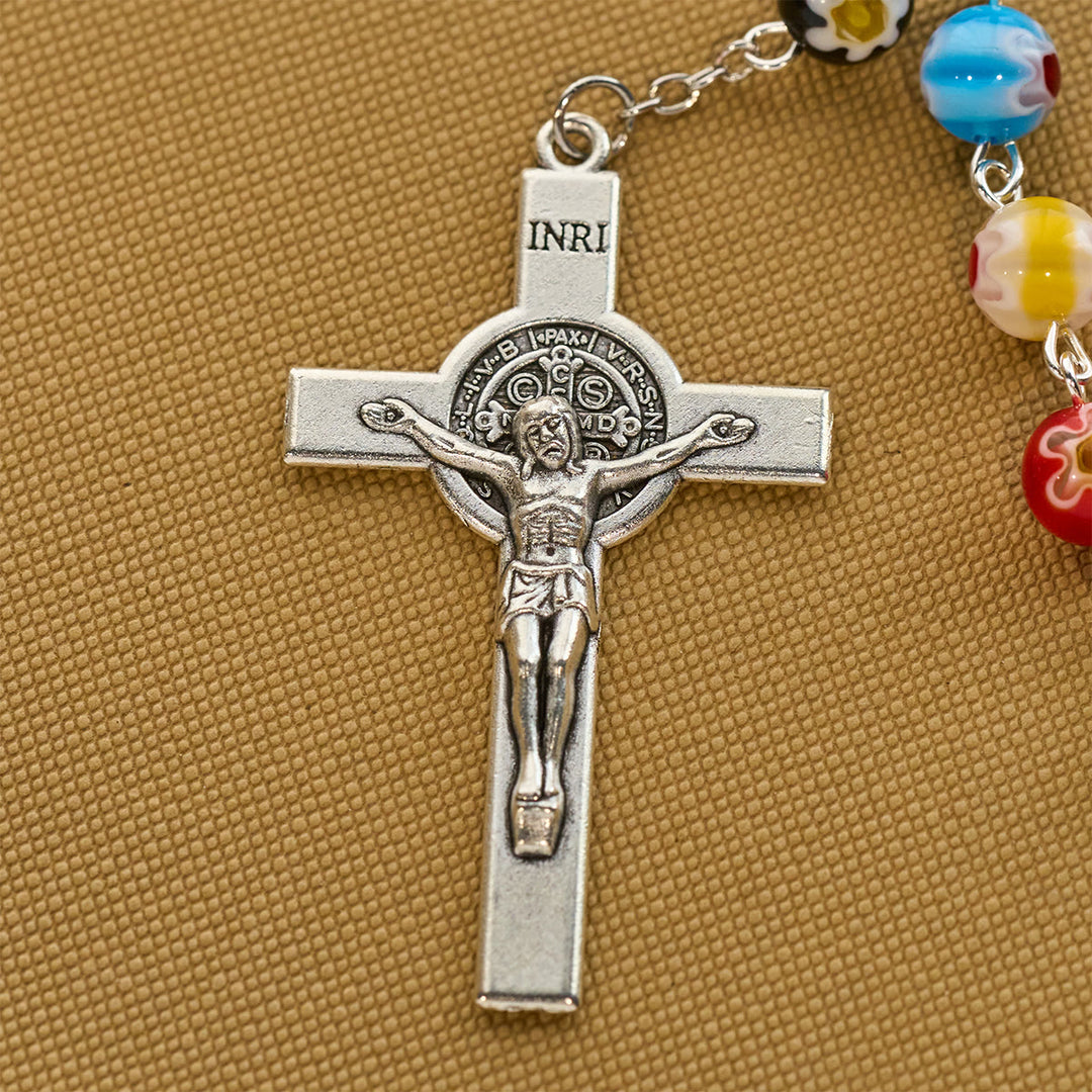 Christianartworkshop Rosenkranz aus Murano-Perlen mit buntem, lebendigem Blumenmuster und Madonna und Kind - image 6