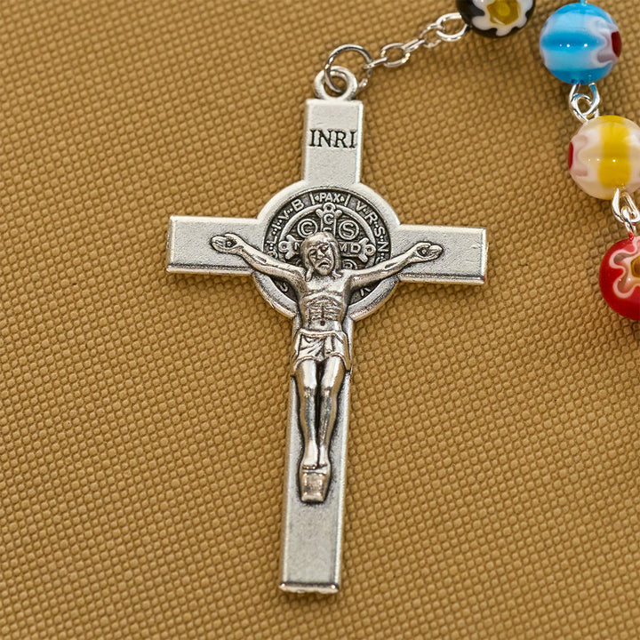 Christianartworkshop Rosenkranz aus Murano-Perlen mit buntem, lebendigem Blumenmuster und Madonna und Kind - image 6