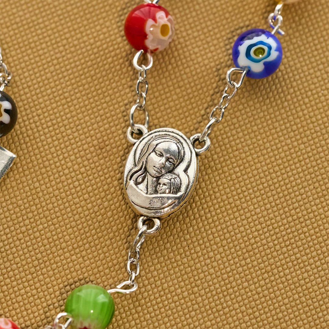 Christianartworkshop Rosenkranz aus Murano-Perlen mit buntem, lebendigem Blumenmuster und Madonna und Kind - image 7