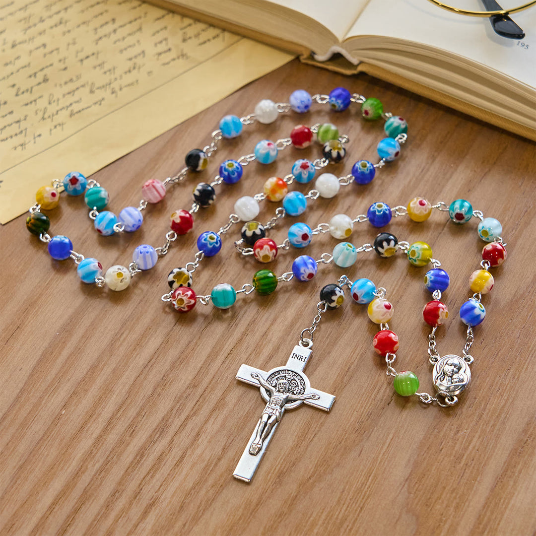 Christianartworkshop Rosenkranz aus Murano-Perlen mit buntem, lebendigem Blumenmuster und Madonna und Kind - image 4