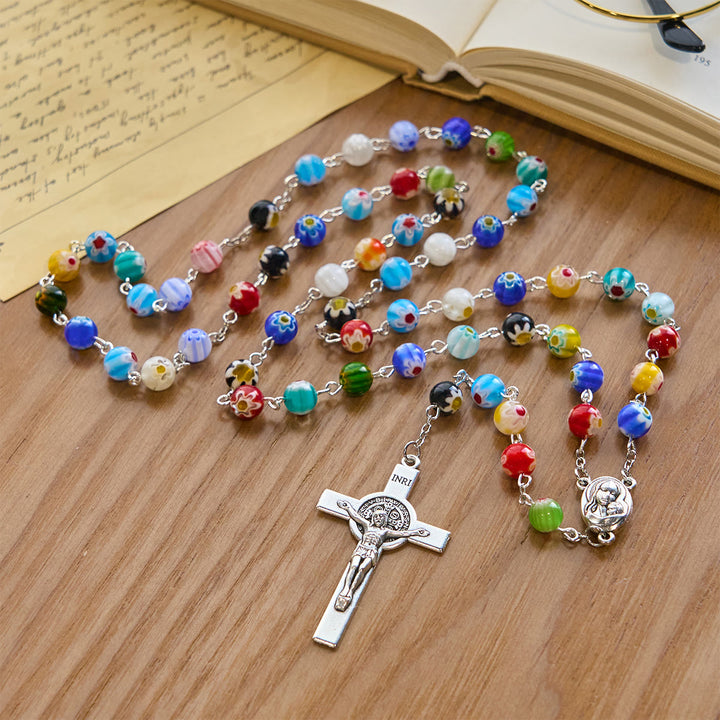 Christianartworkshop Rosenkranz aus Murano-Perlen mit buntem, lebendigem Blumenmuster und Madonna und Kind - image 4
