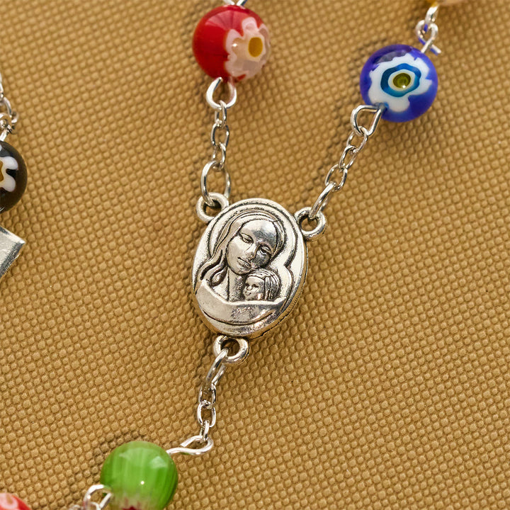 Christianartworkshop Rosenkranz aus Murano-Perlen mit buntem, lebendigem Blumenmuster und Madonna und Kind - image 6