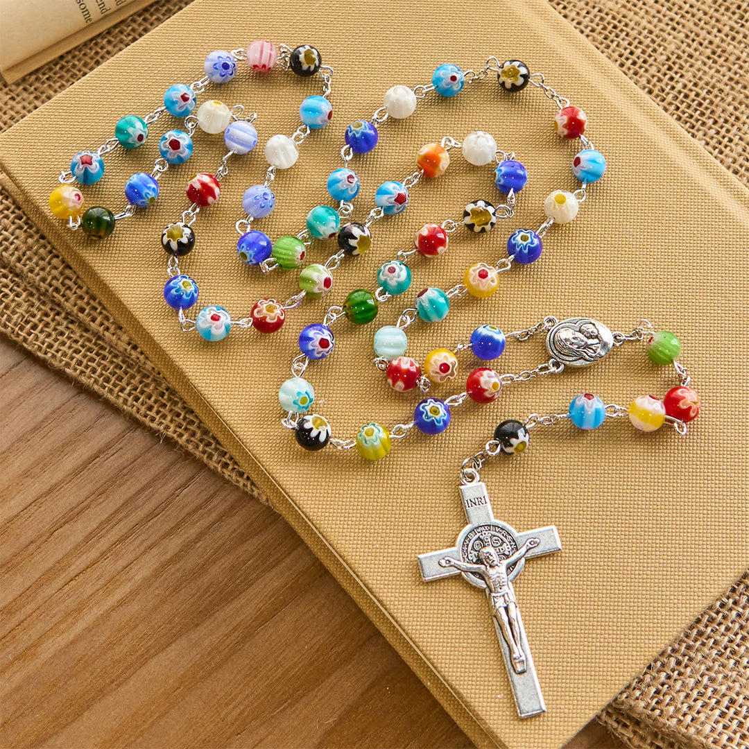 Christianartworkshop Rosenkranz aus Murano-Perlen mit buntem, lebendigem Blumenmuster und Madonna und Kind - Madonna mit Kind - image 0