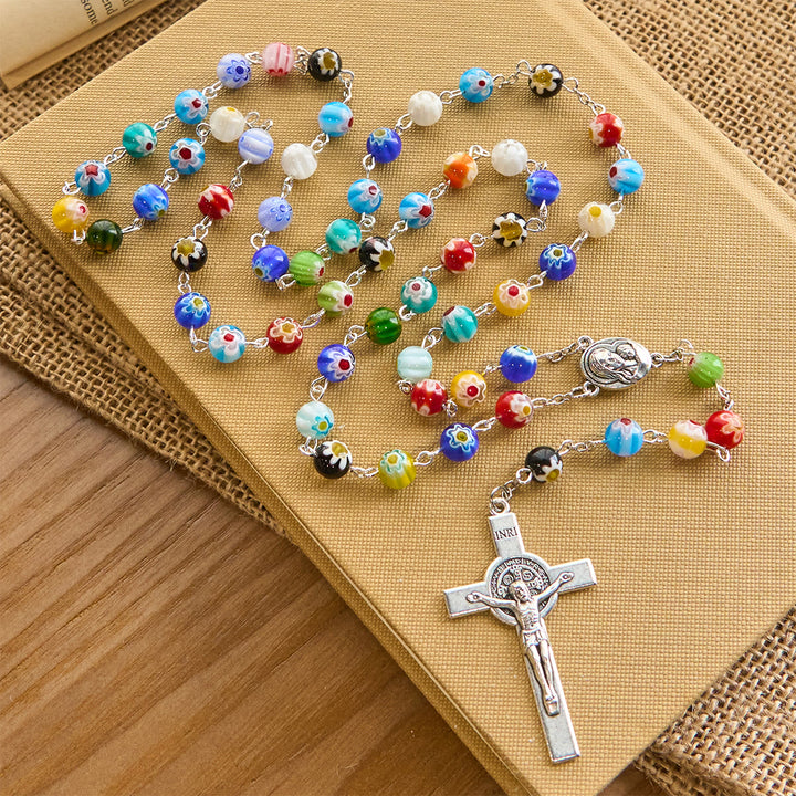 Christianartworkshop Rosenkranz aus Murano-Perlen mit buntem, lebendigem Blumenmuster und Madonna und Kind - Madonna mit Kind - image 0